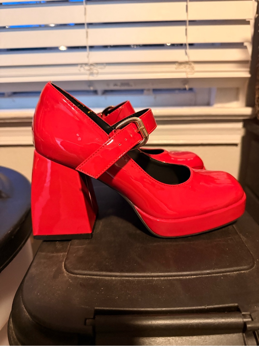 Red Patent Mary Jane Block Heel Pumps